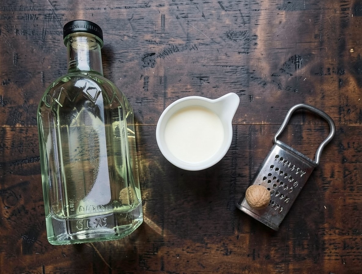 Flat lay of gin, white creme de cacao, light cream, and fresh nutmeg for an Alexander