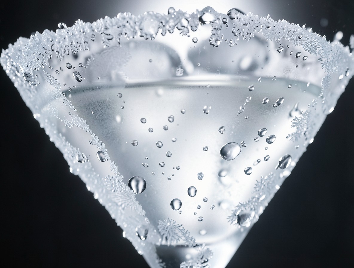 Chilled martini glass filled with ice water, frost forming on the exterior