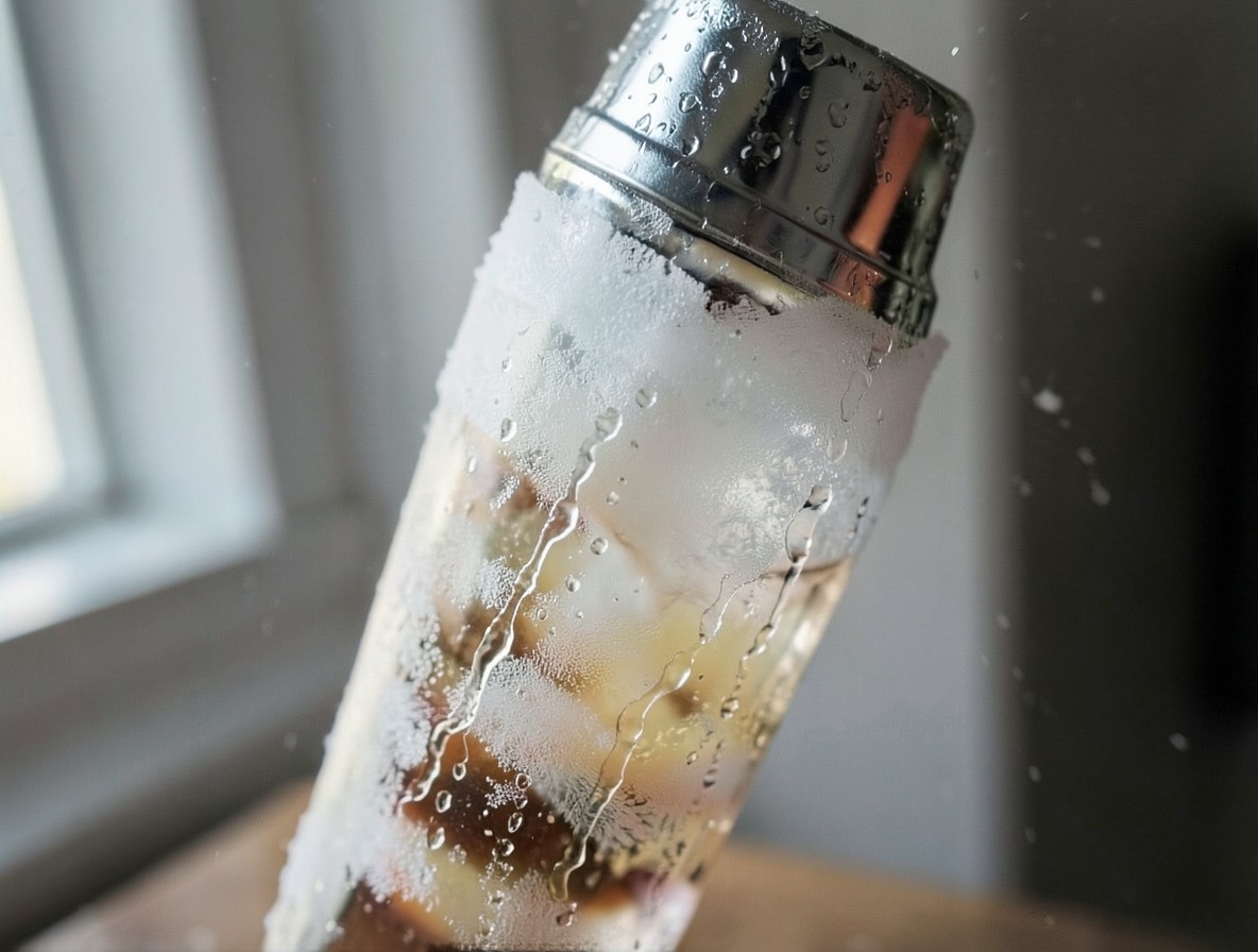 Cocktail shaker being shaken, frost and condensation on the exterior