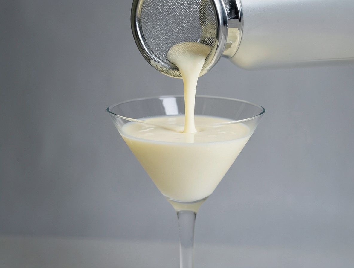 Pouring creamy Alexander cocktail through a fine strainer into a martini glass