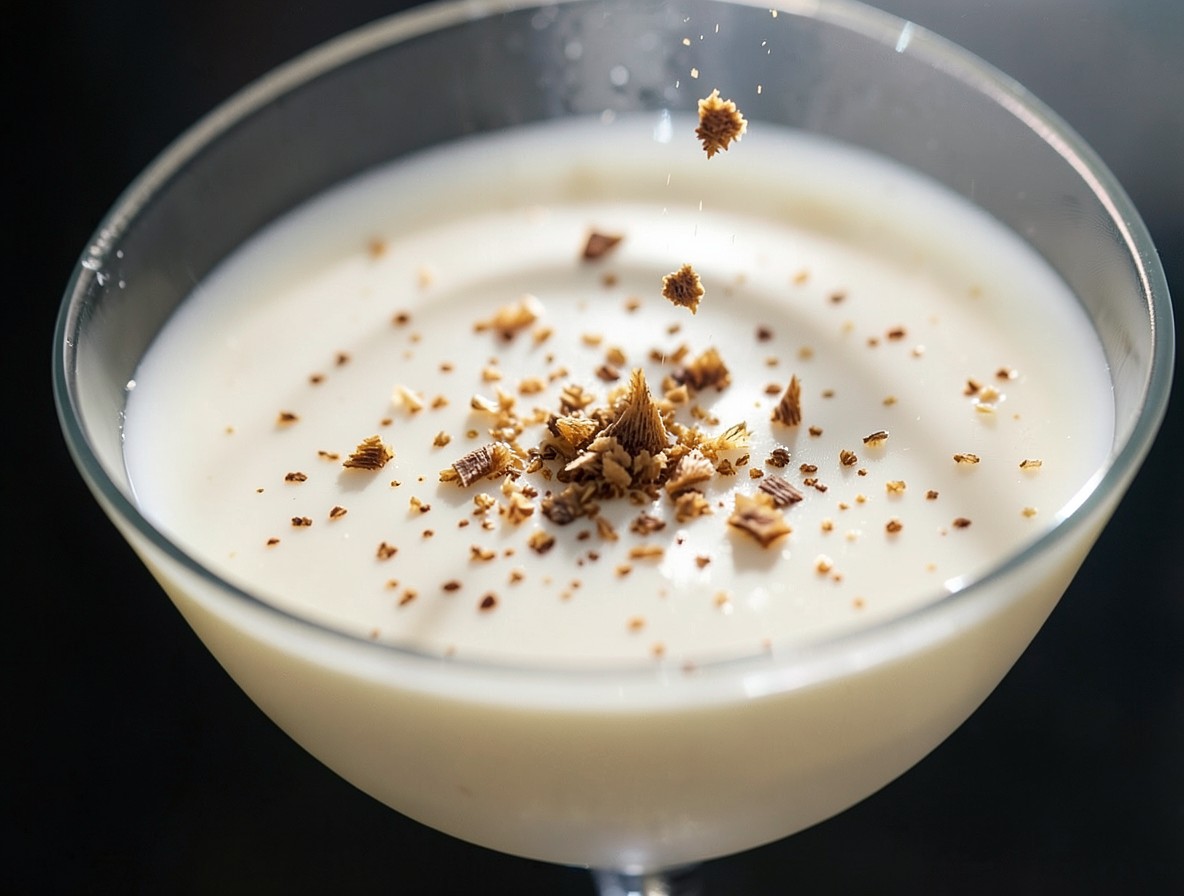 Freshly grated nutmeg being sprinkled over a creamy Alexander cocktail