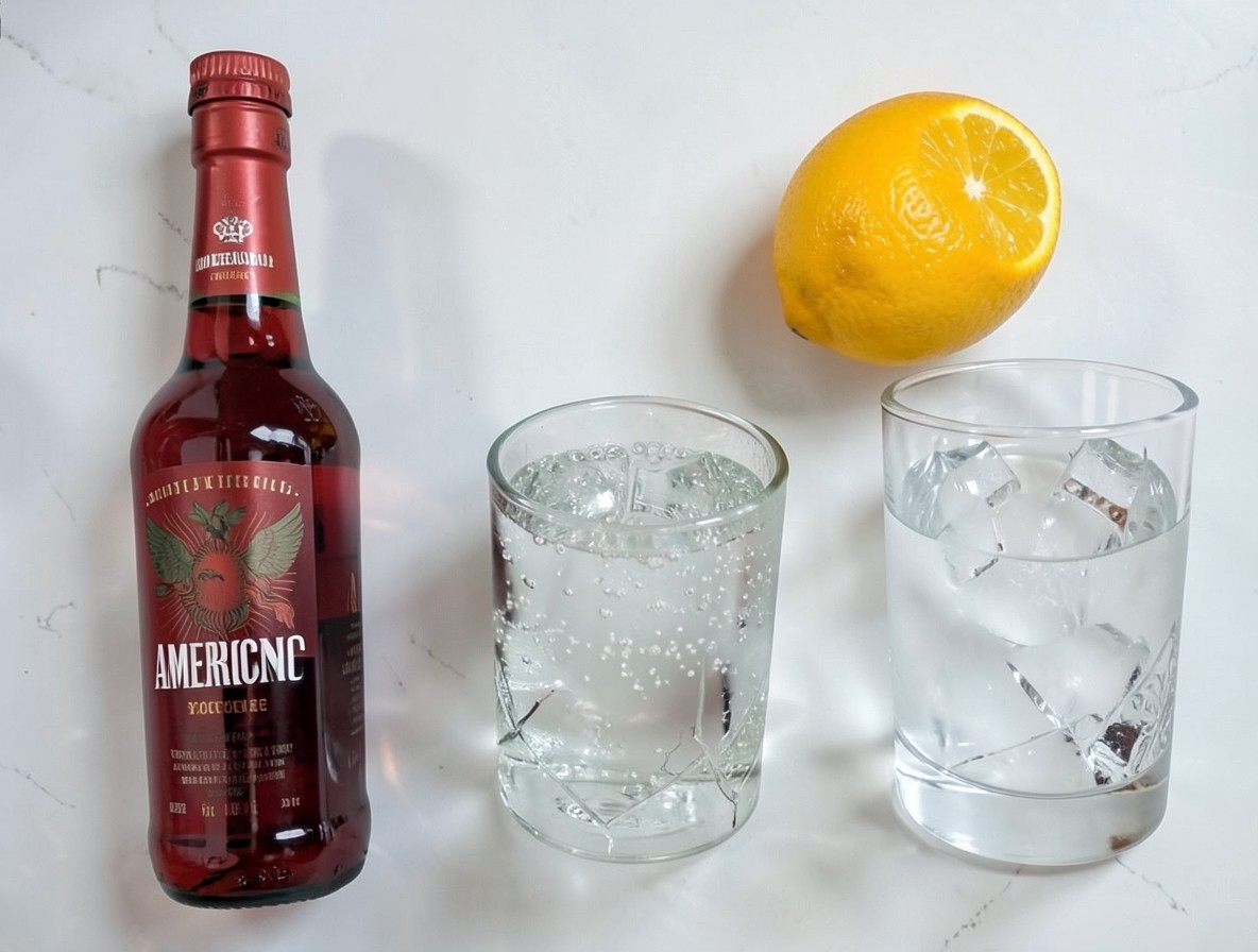 Overhead flat lay of Campari, sweet vermouth, soda water and orange for an Americano