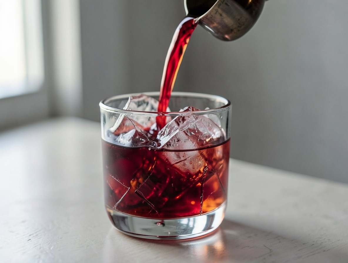 Campari being poured over cracked ice in a rocks glass