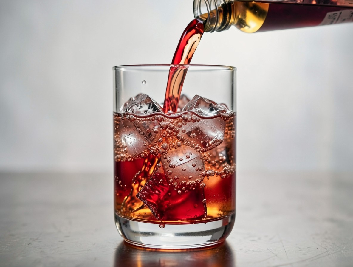 Soda water being poured into a glass of Campari and vermouth over cracked ice