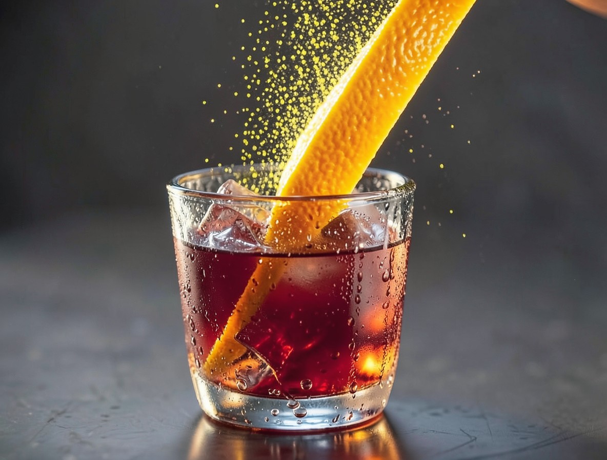 Close-up of orange peel oils being expressed over an Americano cocktail