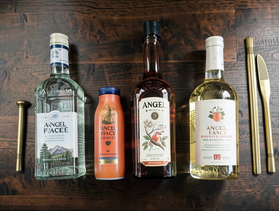 Overhead flat lay of gin, apricot brandy, and apple brandy bottles on a dark wood bar.