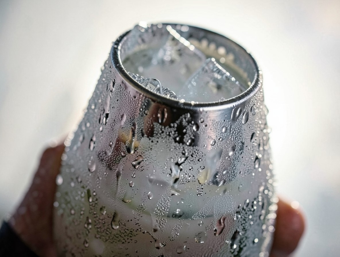 A heavily frosted cocktail shaker, showing it's been shaken hard to chill the Angel Face.