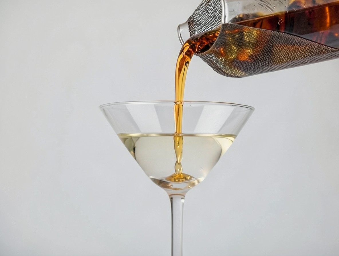 Pouring a clear amber Angel Face cocktail through a fine strainer into a martini glass.