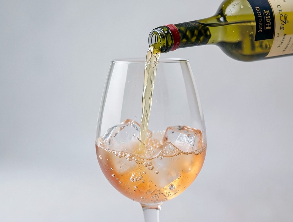 Pouring Prosecco into Aperol and ice in a wine glass, creating a bright orange gradient