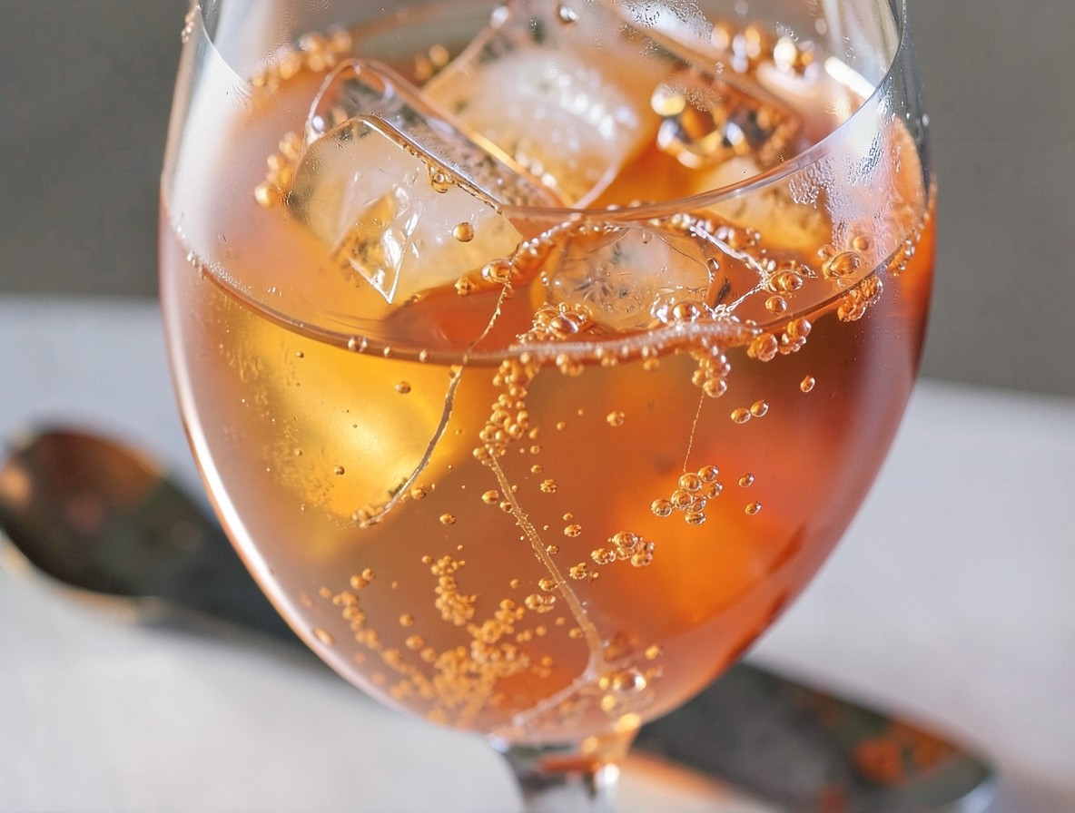 Close-up of Aperol Spritz showing fine bubbles and cracked ice through the glass