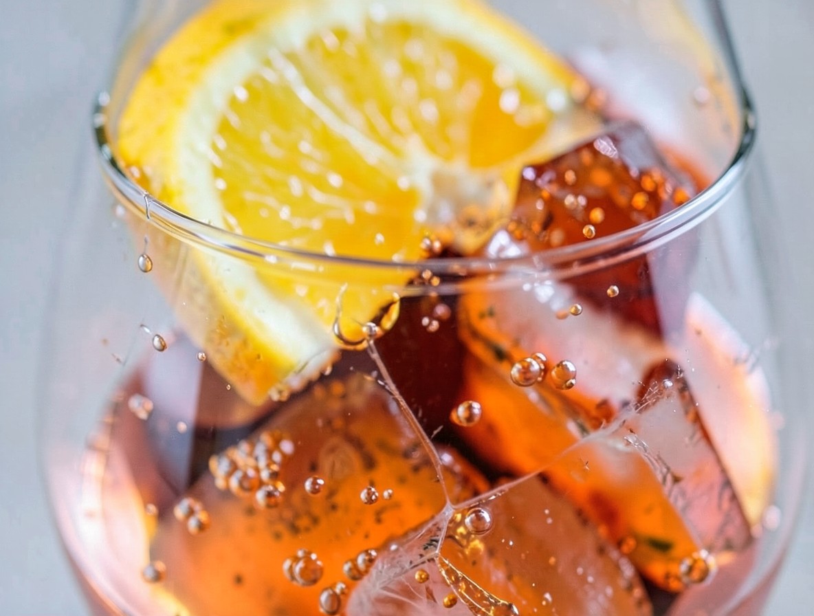 Aperol Spritz with orange slice garnish on the rim, oil beads on the surface