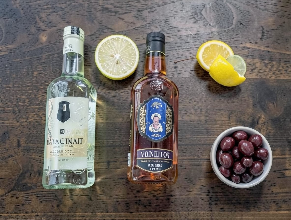 Flat lay of Aviation cocktail ingredients, gin, lemon, maraschino, crème de violette