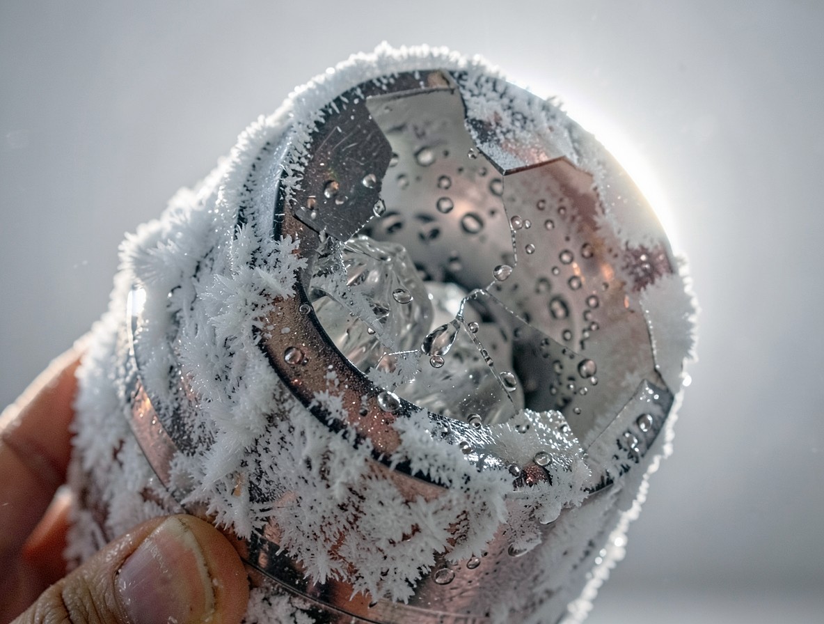 Frosted cocktail shaker after shaking an Aviation, condensation on the metal