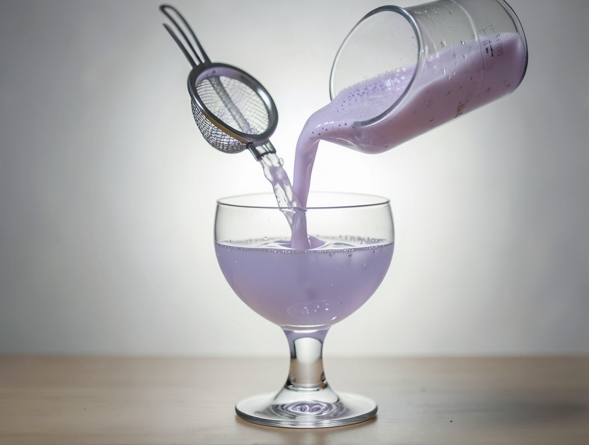 Pouring a pale lavender Aviation cocktail through a fine strainer into a coupe