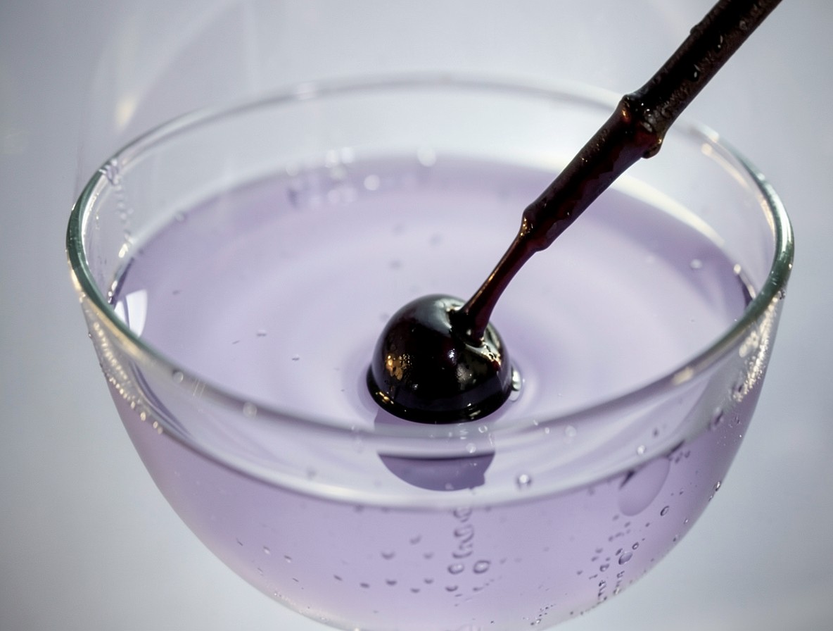 Dropping a brandied cherry into the Aviation cocktail, ripples in pale purple liquid