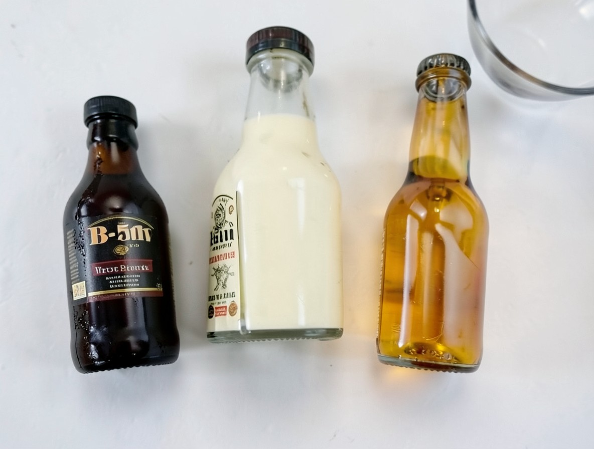 Ingredients for a B-52: coffee liqueur, Irish cream, and orange liqueur