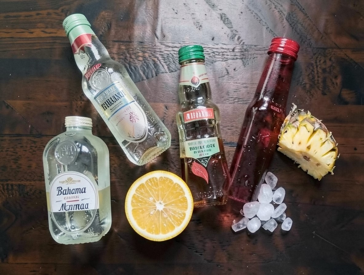 Flat lay of Bahama Mama ingredients including rums, grenadine, orange, and pineapple