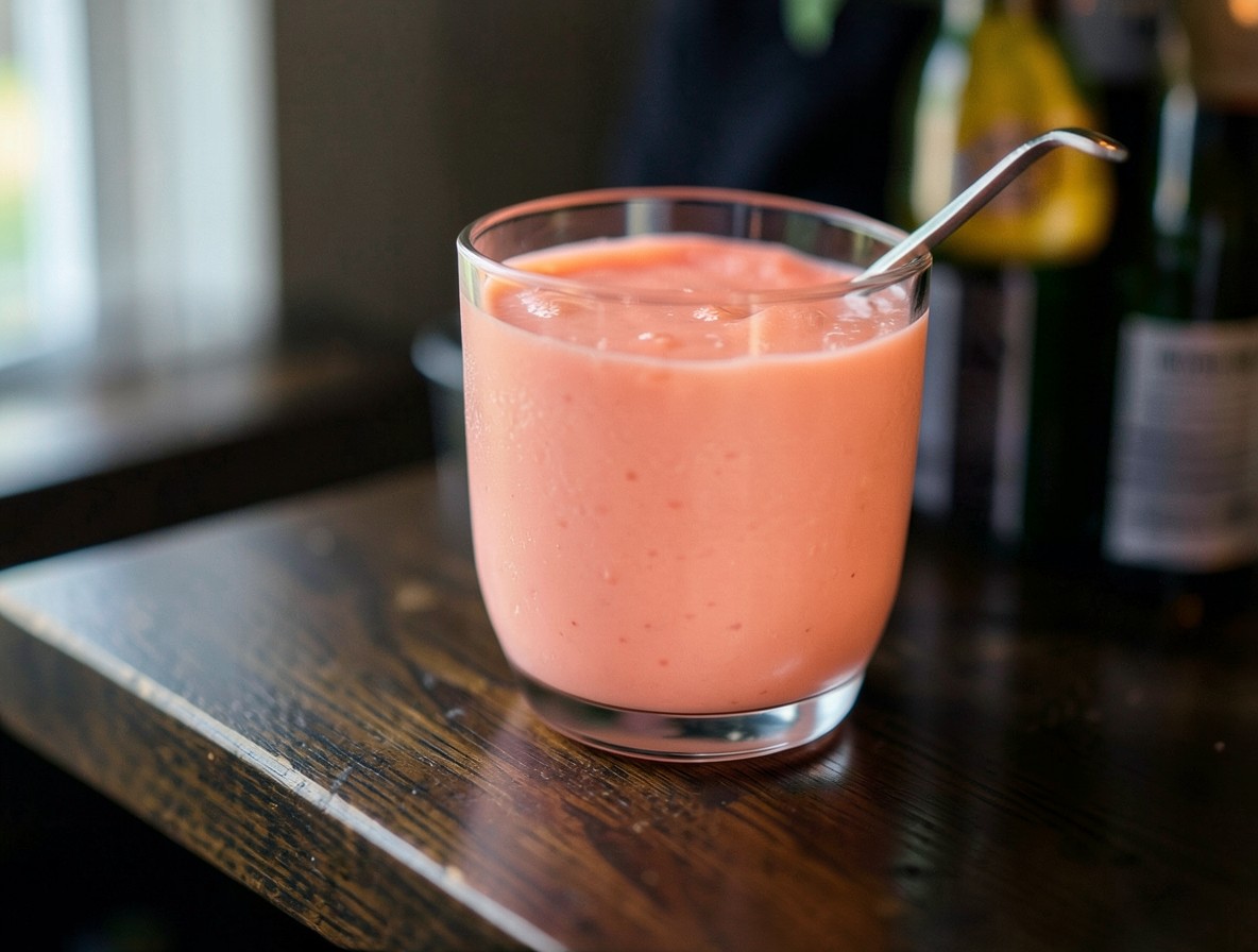 Blender jar with smooth coral-pink Bahama Mama slush mixture on a wooden bar