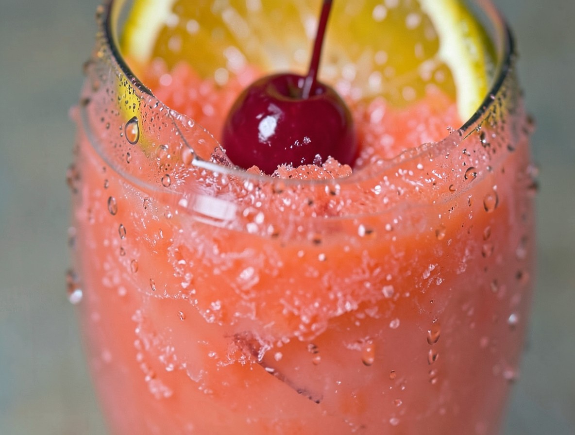 Pouring frozen Bahama Mama slush from a blender into a hurricane glass