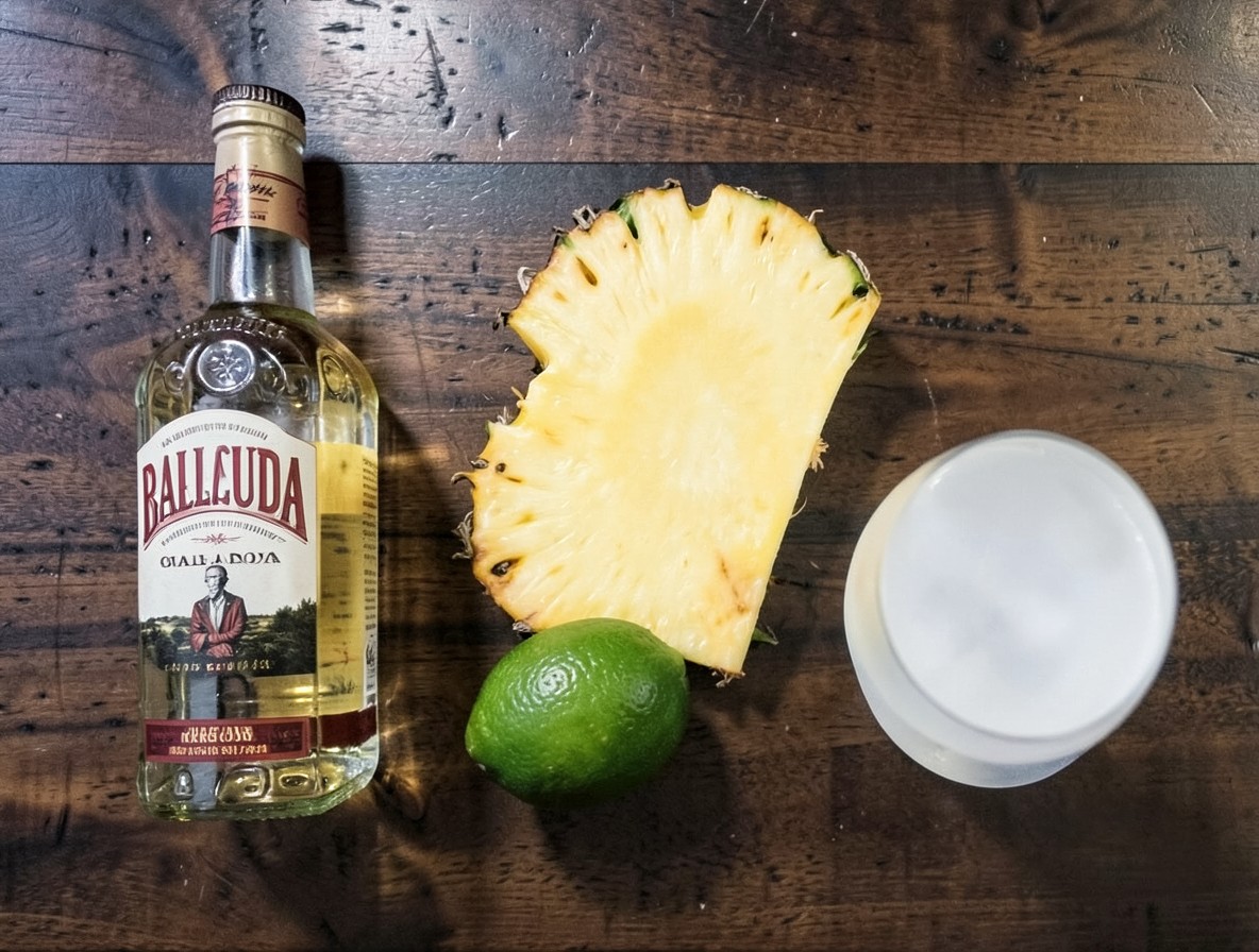 Ingredient flat lay for a Barracuda cocktail: rum, Galliano, pineapple, lime, prosecco
