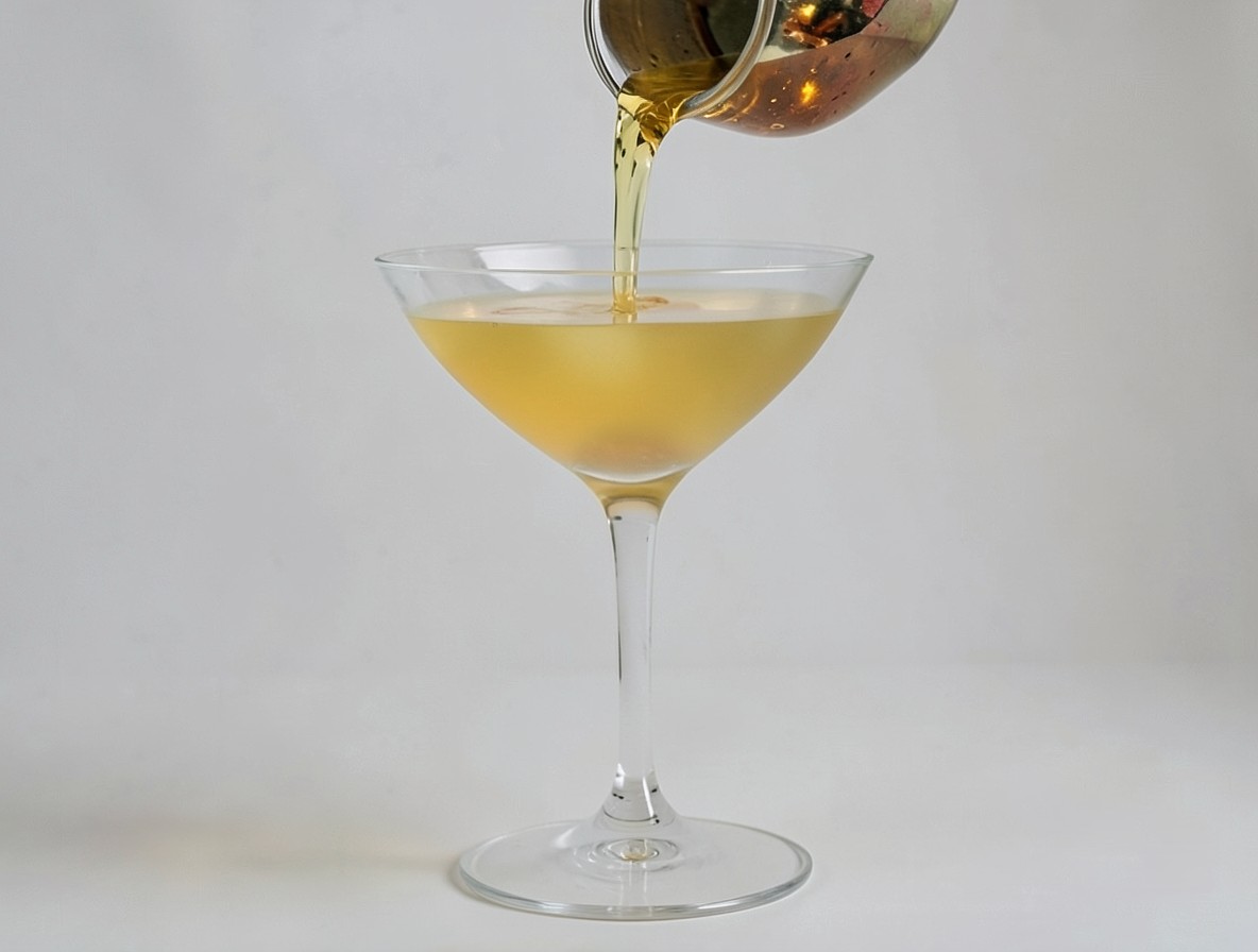 Golden Barracuda base being strained into a martini glass