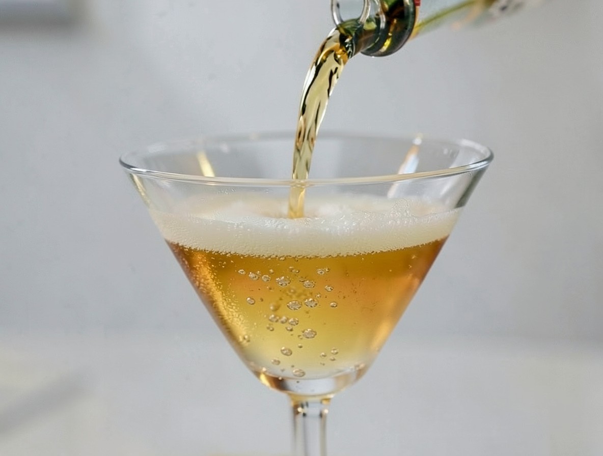 Prosecco being poured into a Barracuda cocktail, creating a gradient