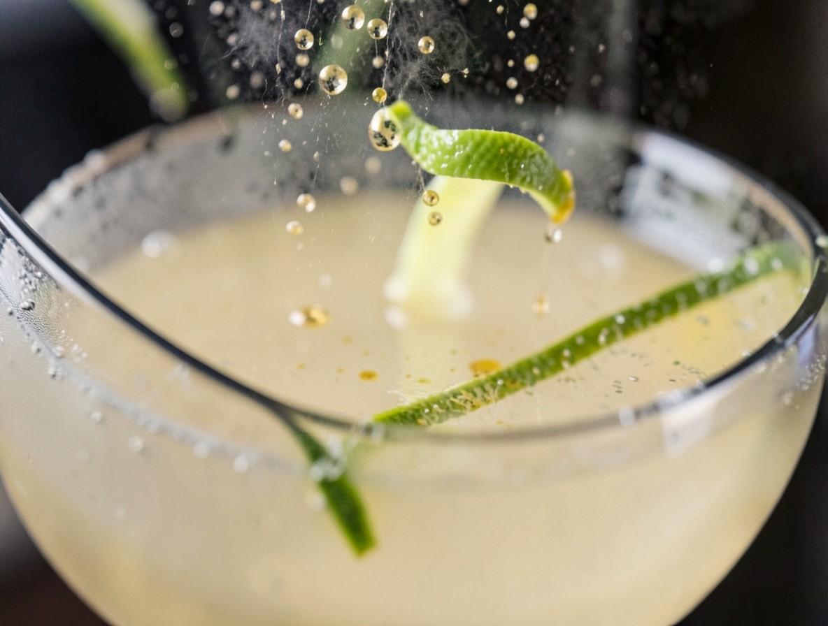 Lime twist expressed over a Barracuda cocktail, oil mist visible