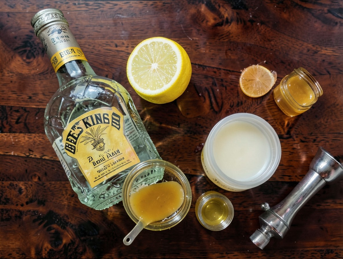 Ingredients for a Bee's Knees cocktail flat lay
