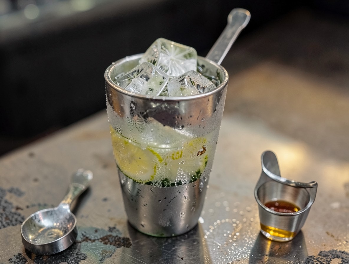 Frosted cocktail shaker after shaking a Bee's Knees