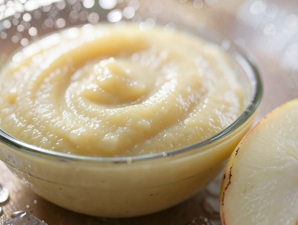 Smooth white peach purée in a glass bowl with a fresh peach half