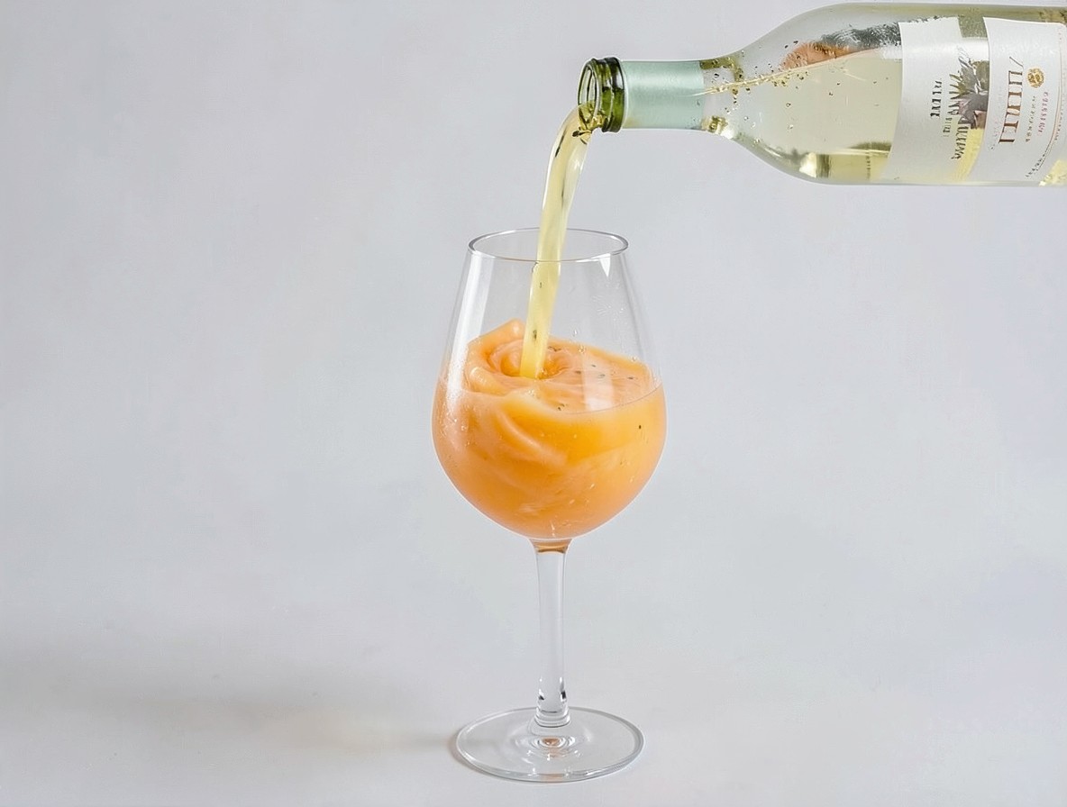 Pouring chilled Prosecco into a flute glass over peach purée