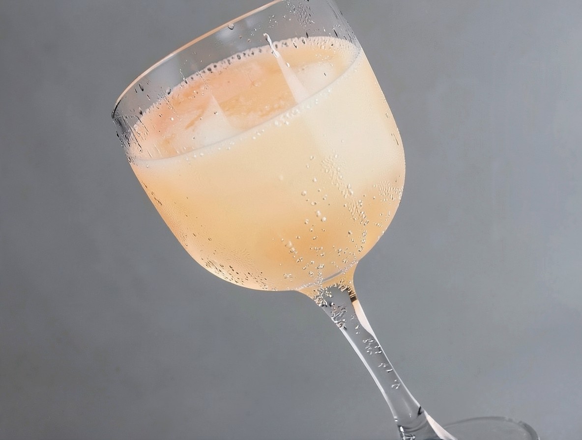 Finished Bellini cocktail with a consistent peach color and fine bubbles