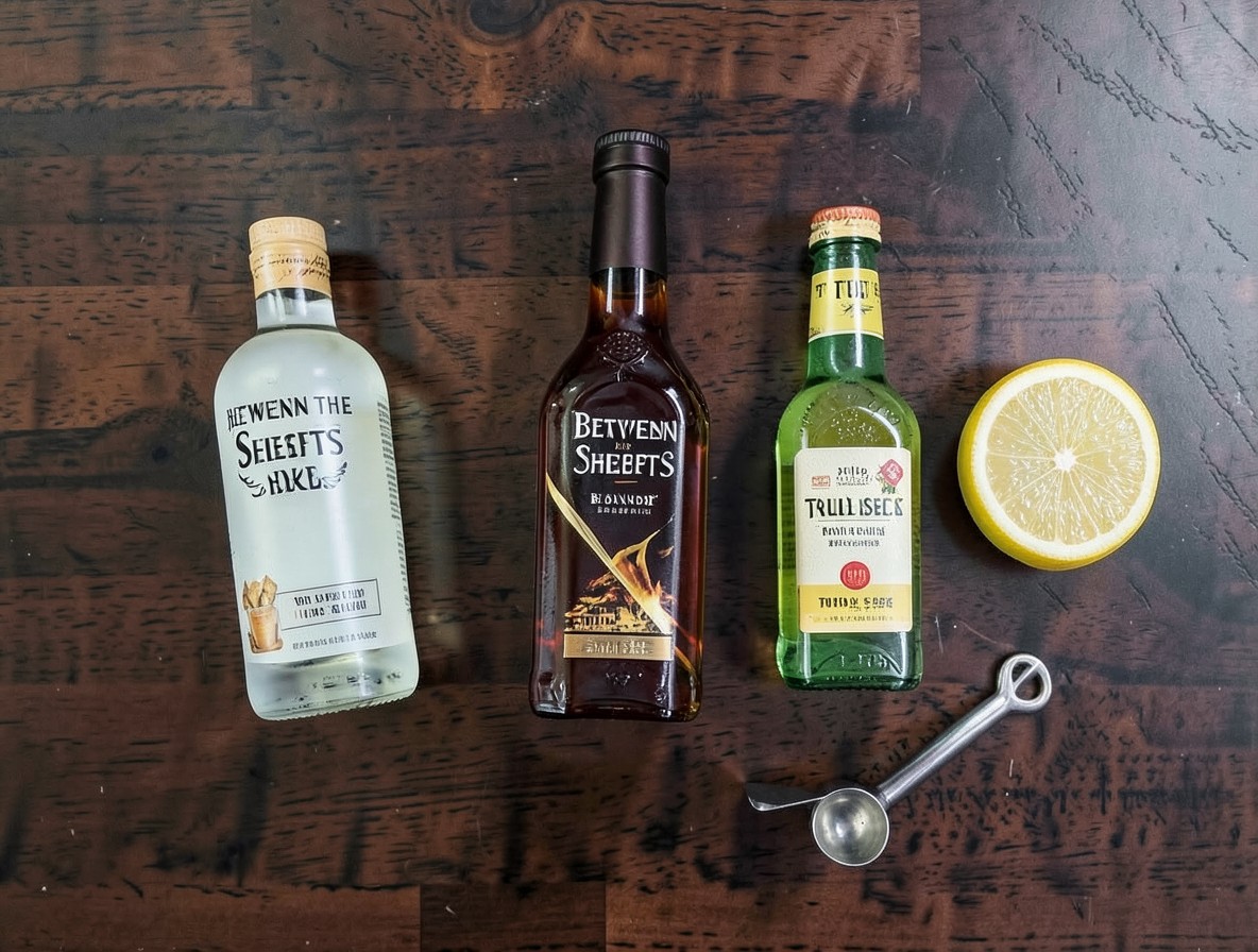 Ingredients for a Between the Sheets cocktail arranged on dark wood