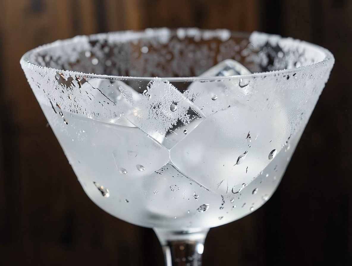 Chilled martini glass filled with ice for a Between the Sheets cocktail