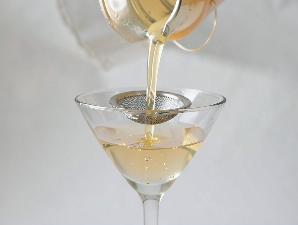 Straining the Between the Sheets cocktail into a martini glass