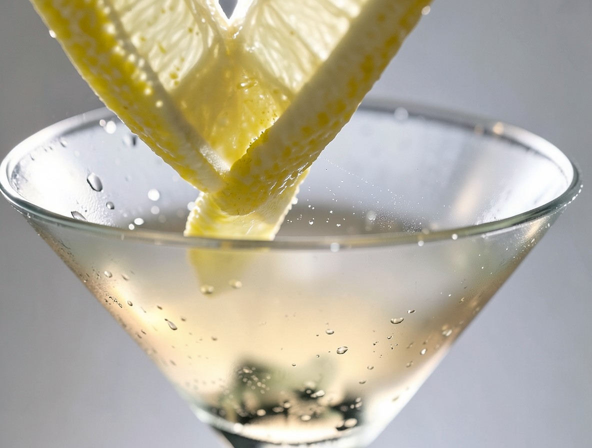 Expressing a lemon twist over a Between the Sheets cocktail