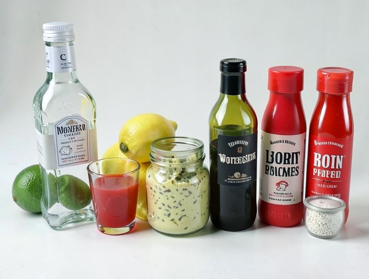 Flat lay of ingredients for a Bloody Mary, including vodka, tomato juice, and spices.