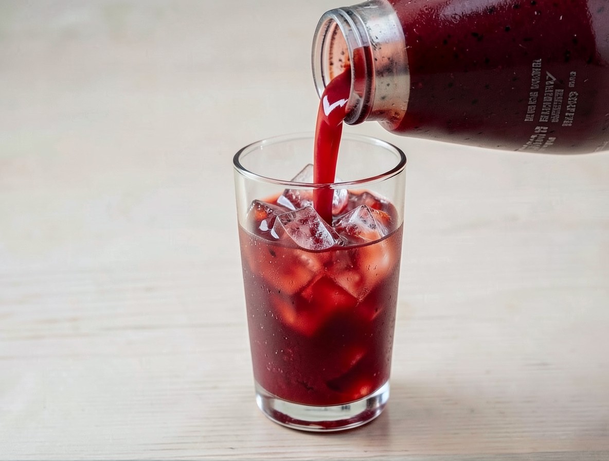 Pouring a red Bloody Mary mix from a shaker into an ice-filled glass.