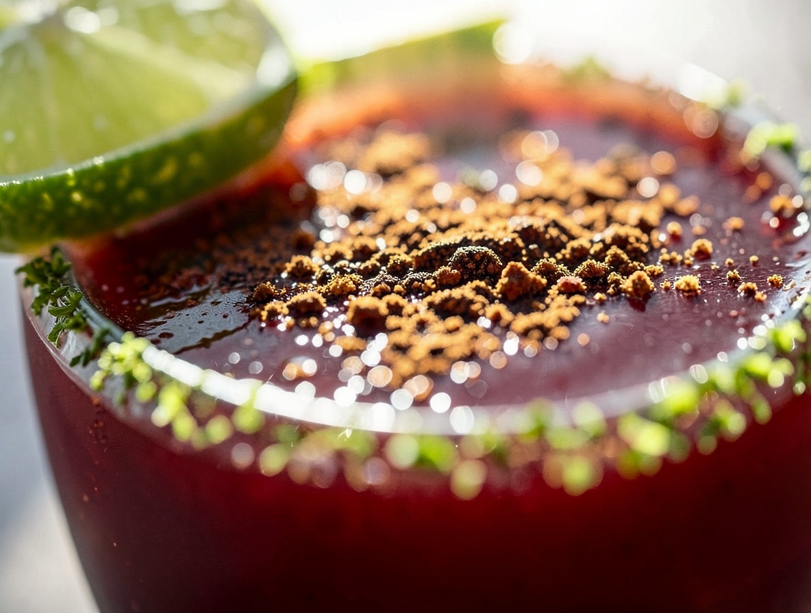 Macro shot of a finished Bloody Mary with paprika and a celery stalk garnish.