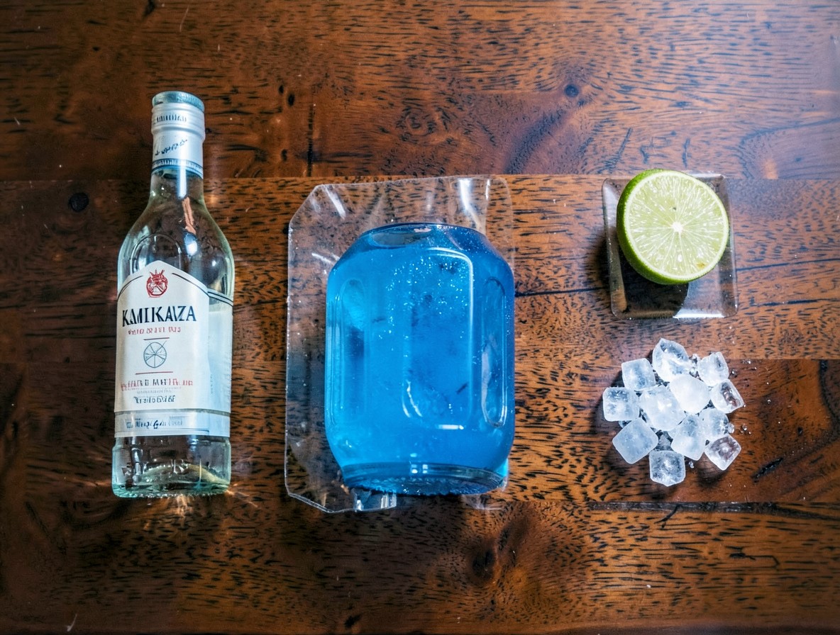 Flat lay of vodka, blue curaçao, lime, and ice for a blue kamikaze
