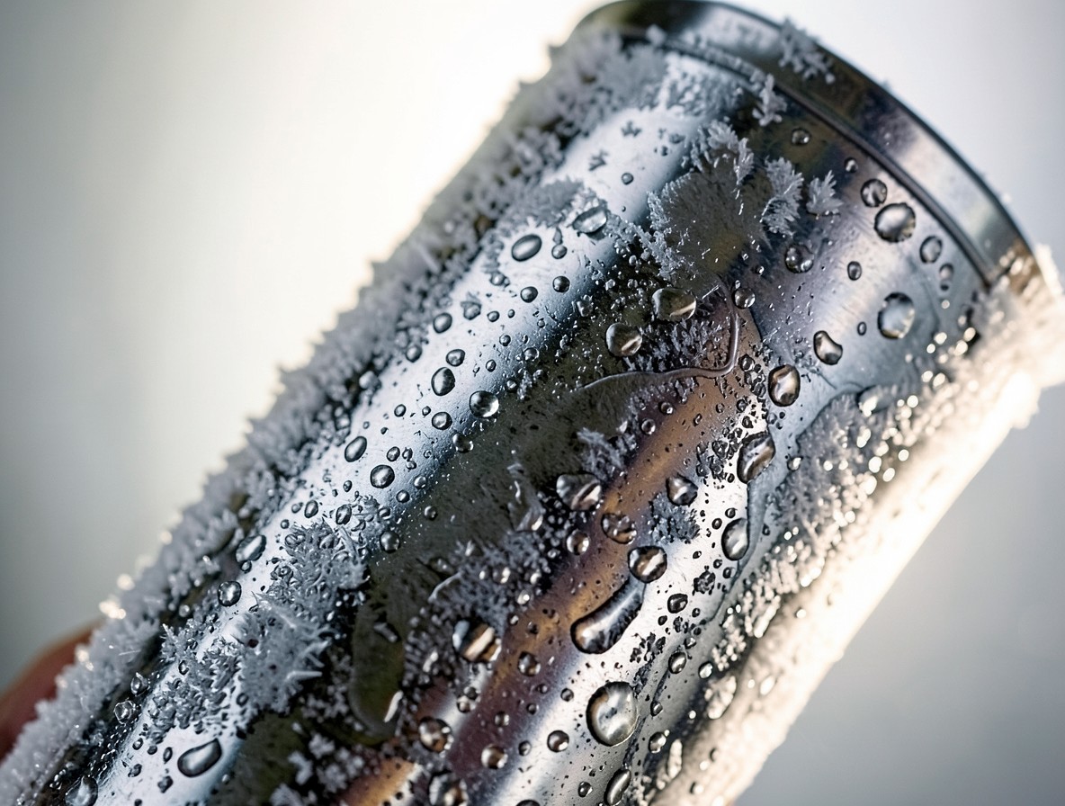 Frosted cocktail shaker with condensation after shaking a blue kamikaze