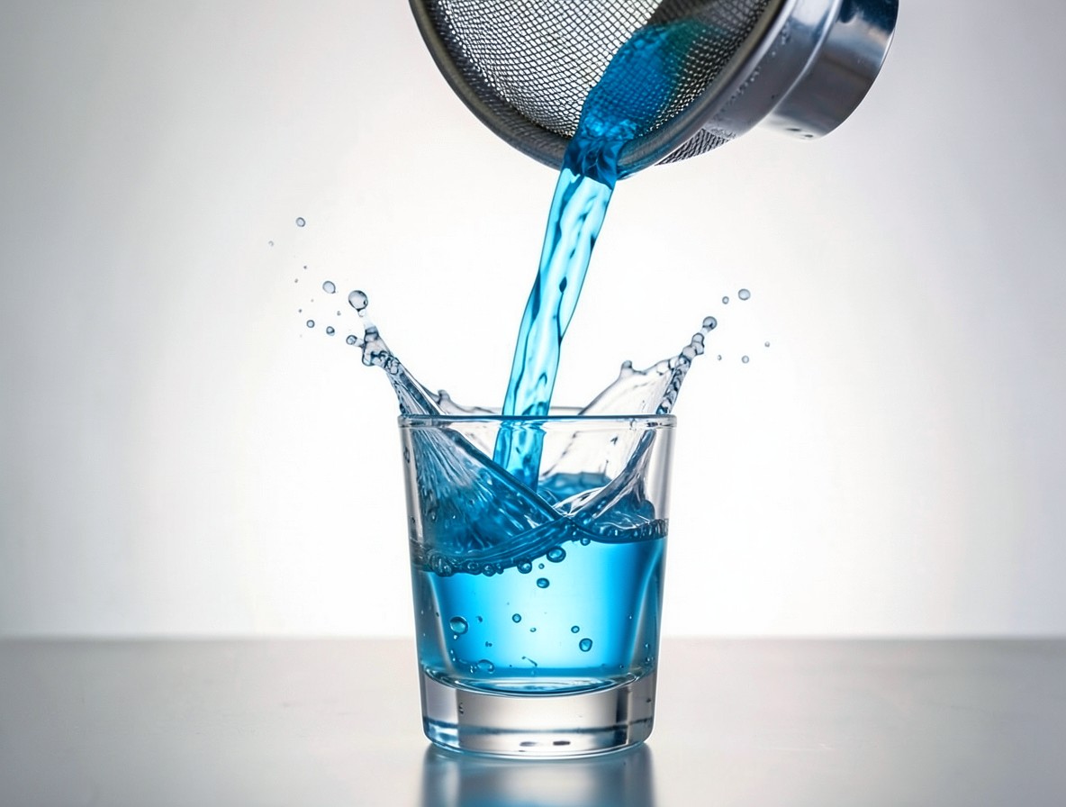 Blue liquid being strained from a shaker into a shot glass
