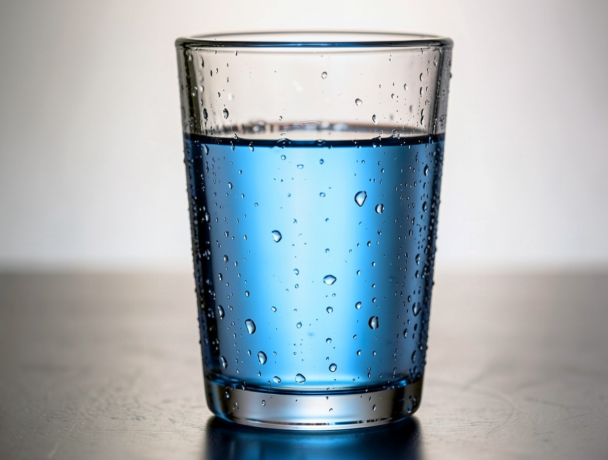 Full shot glass of electric blue kamikaze with condensation droplets