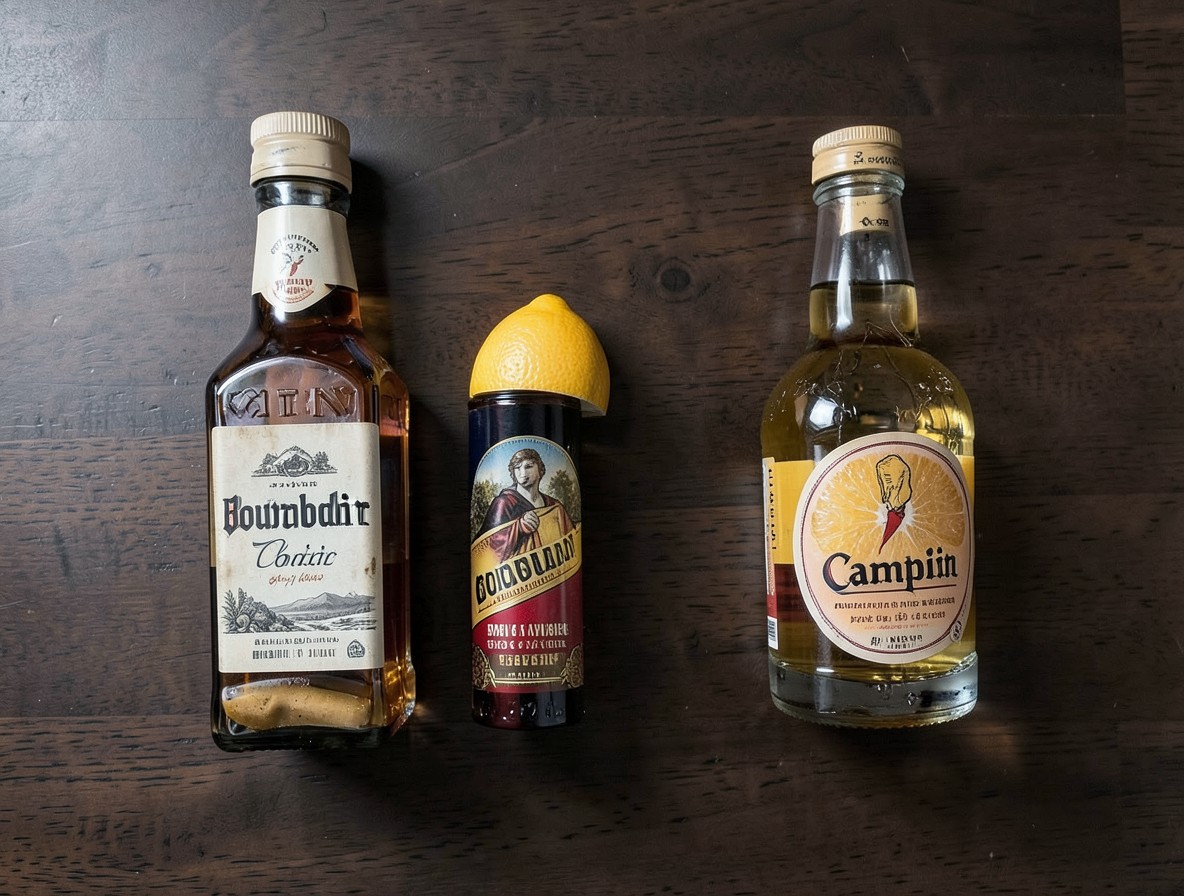 Flat lay of boulevardier ingredients including bourbon, Campari, and vermouth