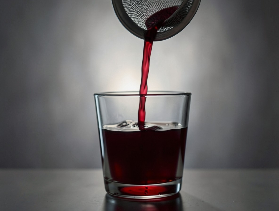 Straining boulevardier cocktail into a rocks glass