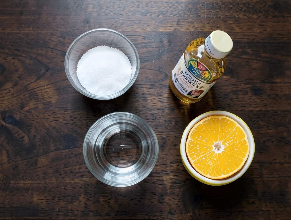 Ingredients for an old fashioned: bourbon, sugar, bitters, water, and orange peel