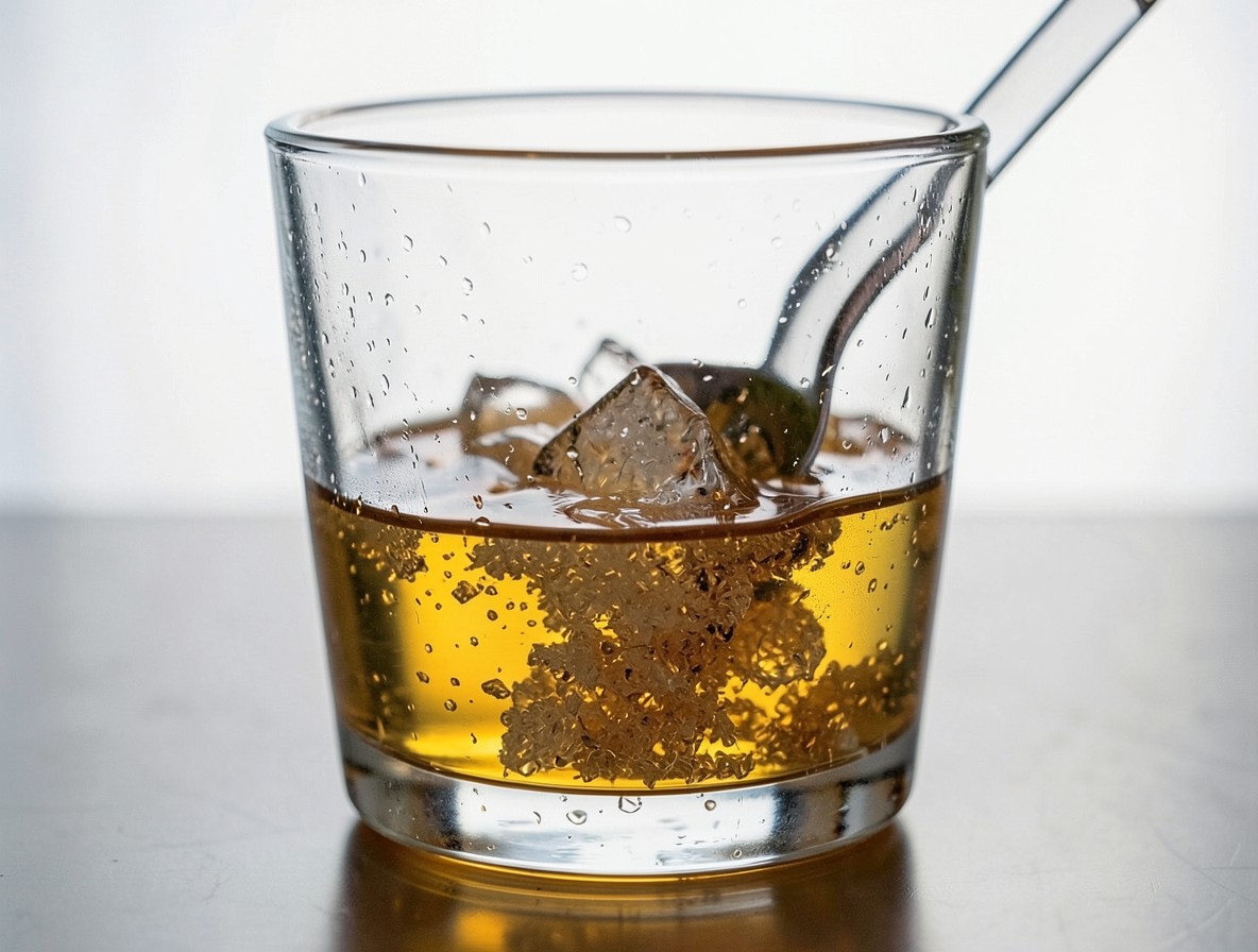 Close-up of sugar dissolving with bitters and water in a rocks glass, turning clear
