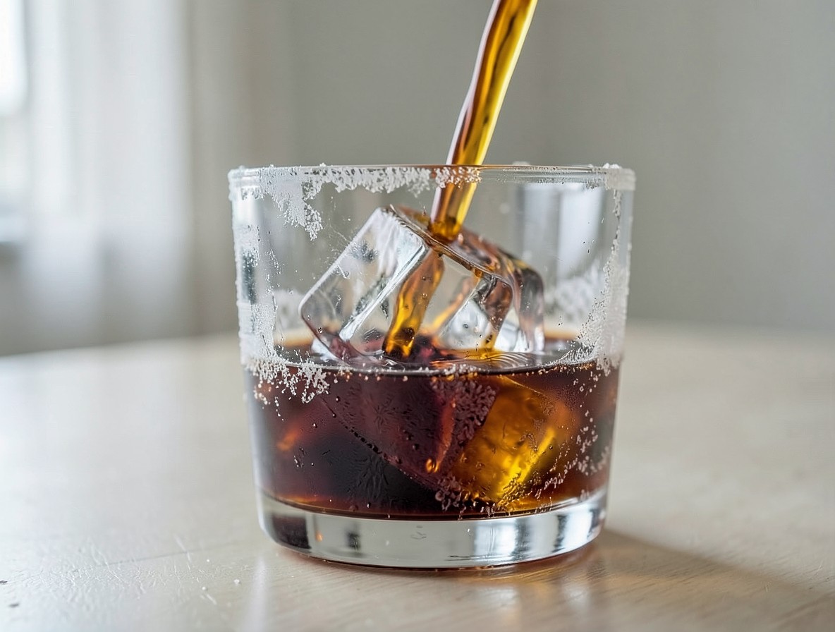 Bourbon pouring over a large ice cube in a rocks glass, amber and glowing