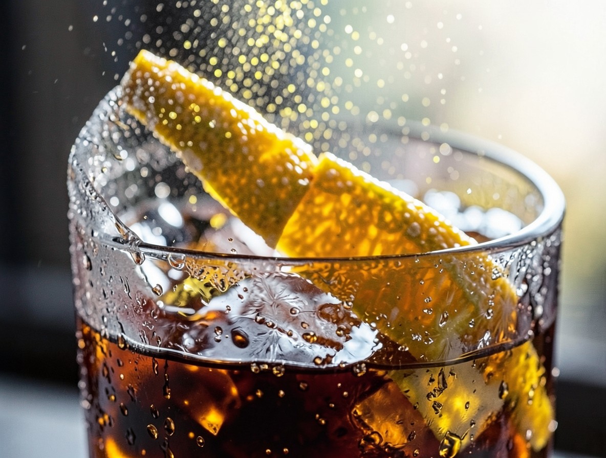 Orange peel expressing oil mist over a bourbon old fashioned in a rocks glass