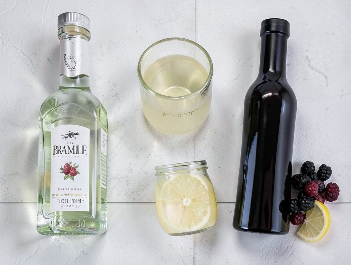 Flat lay of gin, lemon juice, sugar syrup, and blackberry liqueur for a Bramble recipe